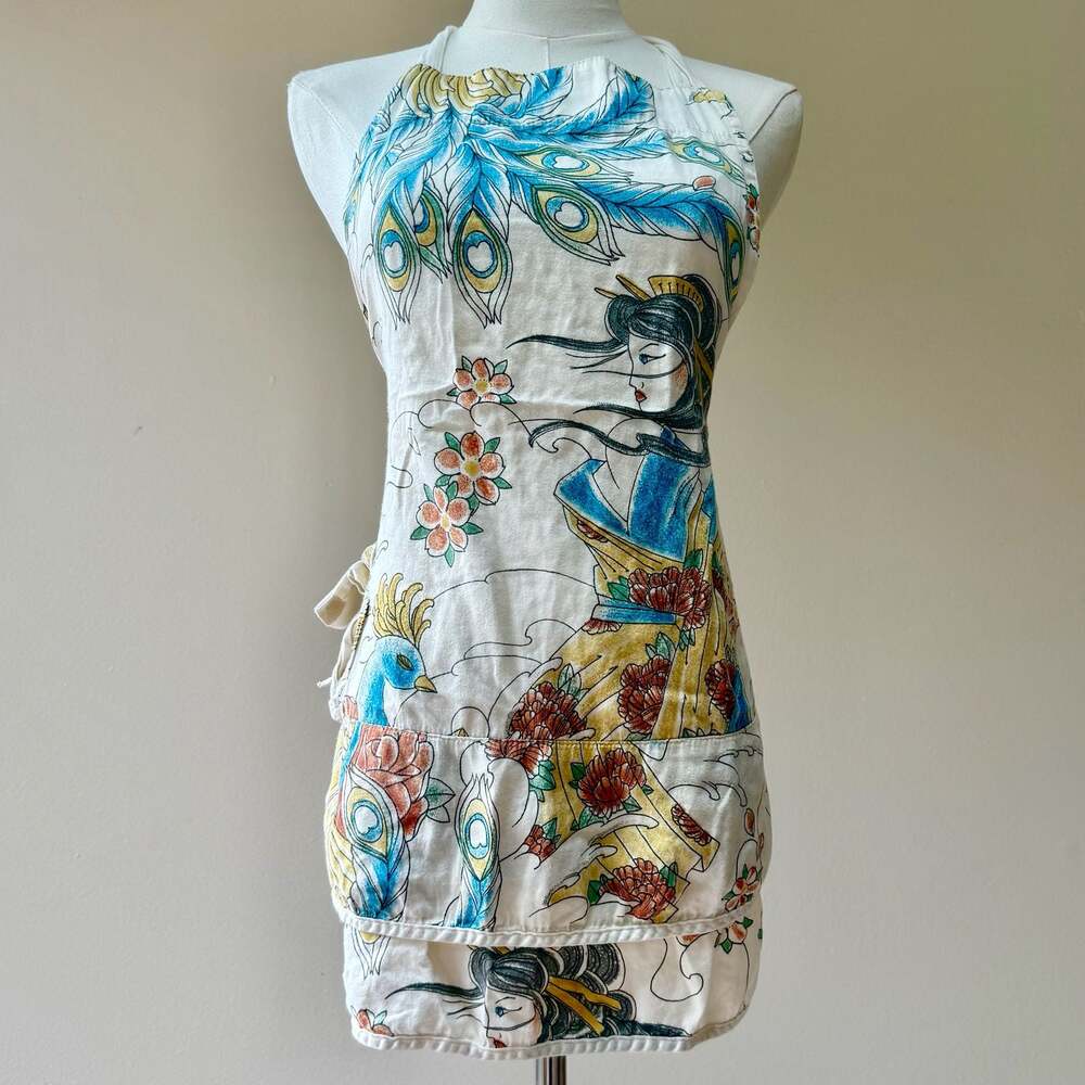 Vintage Geisha and Peacock Print Halter Apron with Pockets